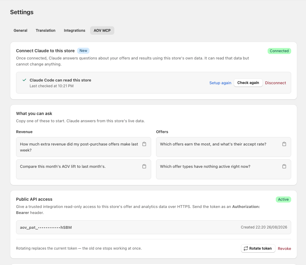 Settings → AOV MCP tab with a live connection: the Connected badge, the collapsed 'Claude Code can read this store' row with its last-checked time, the What you can ask starter prompts, and the Public API access card holding an active token