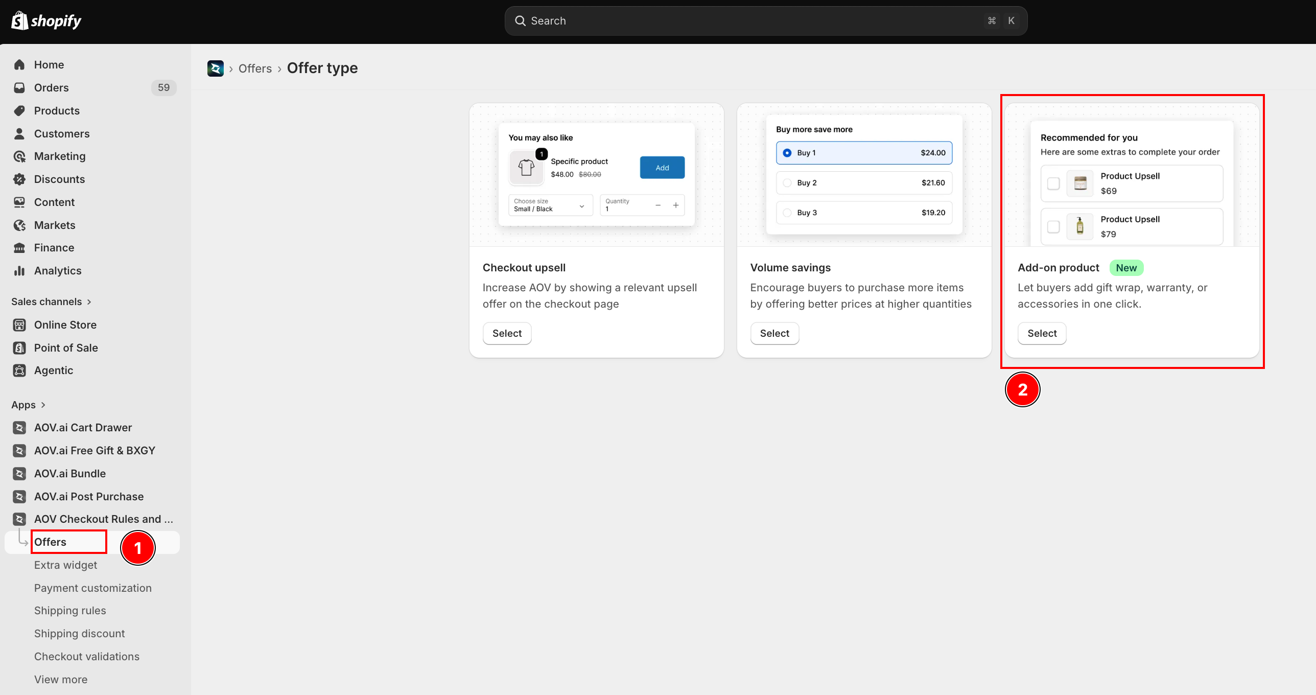 Offer type picker showing Checkout upsell, Volume savings, and the Add-on product (New) card highlighted