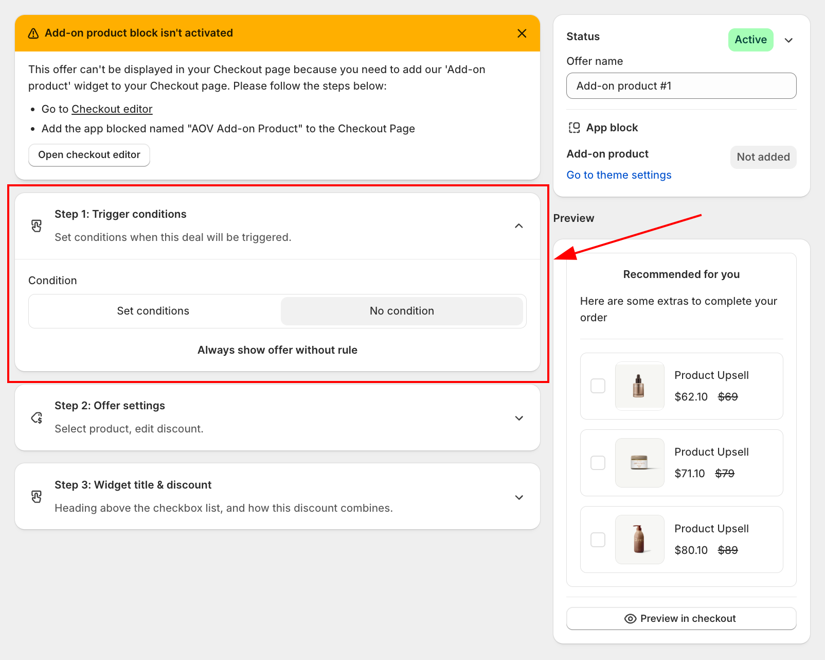 Add-on product editor with Step 1 Trigger conditions expanded: Set conditions / No condition with Always show offer without rule