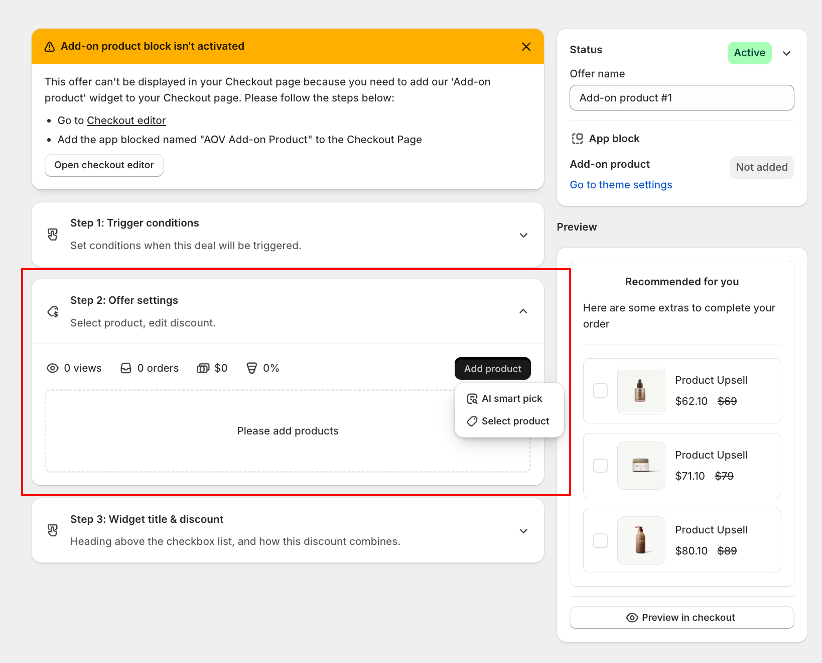 Step 2 Offer settings with the Add product button showing AI smart pick and Select product options