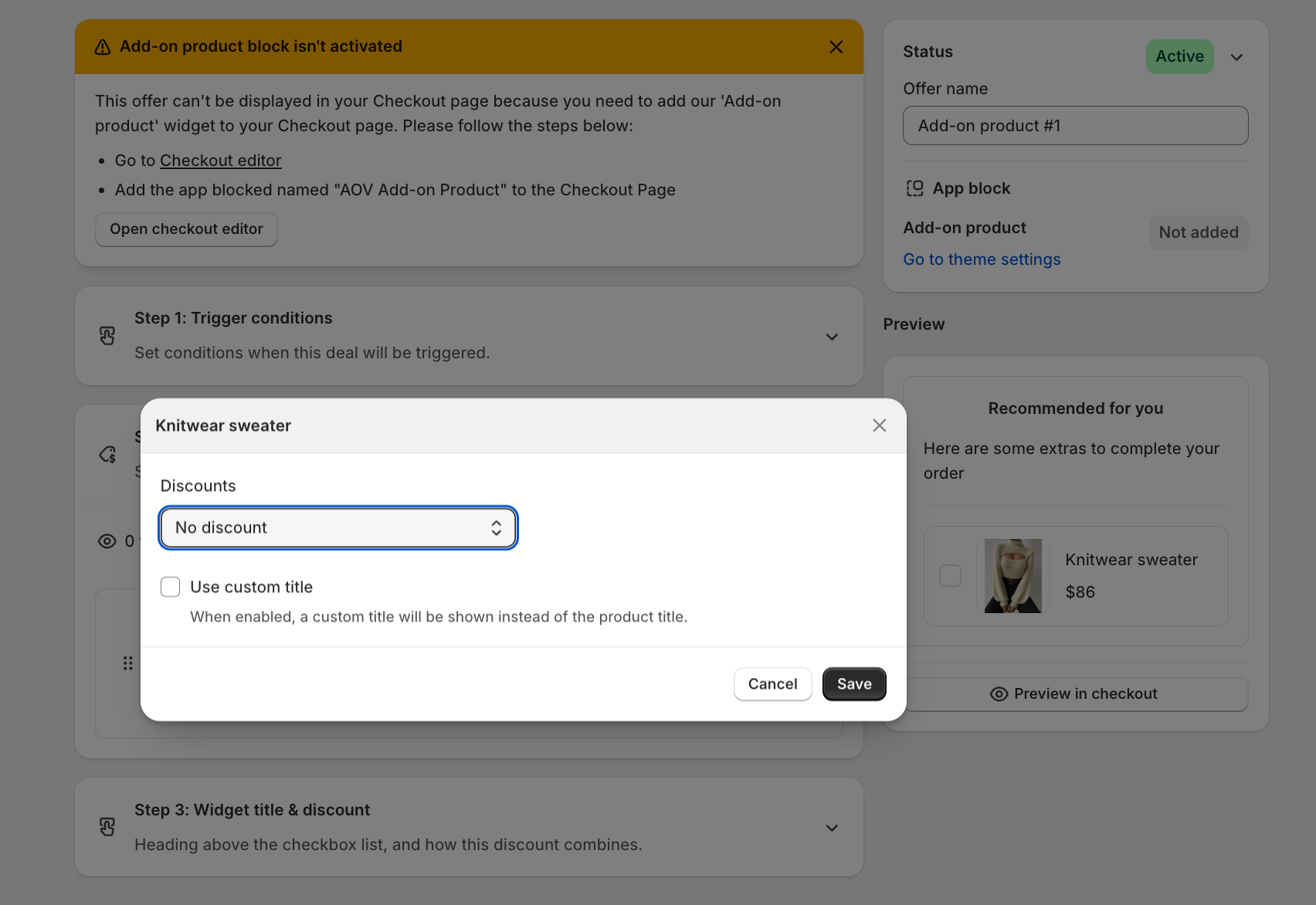 Per-product Discounts dialog with a Discount type dropdown and the Use custom title option