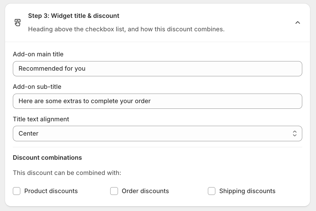 Step 3 Widget title and discount: Add-on main title, sub-title, Title text alignment, and Discount combinations checkboxes