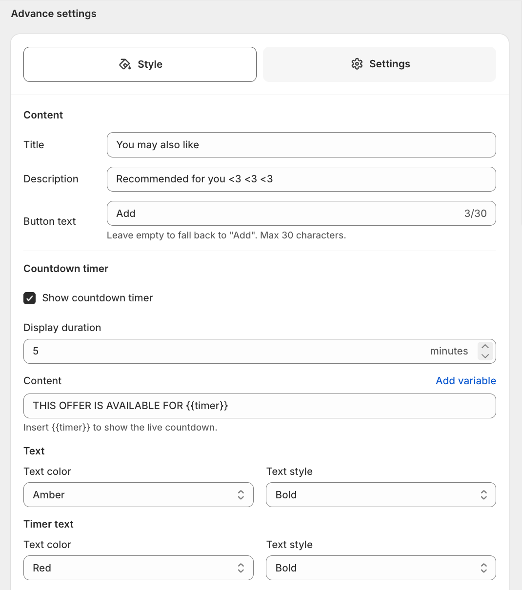 Style tab with the Countdown timer section: Show countdown timer enabled, Display duration, Content with the timer token, and separate Text and Timer text color/style controls