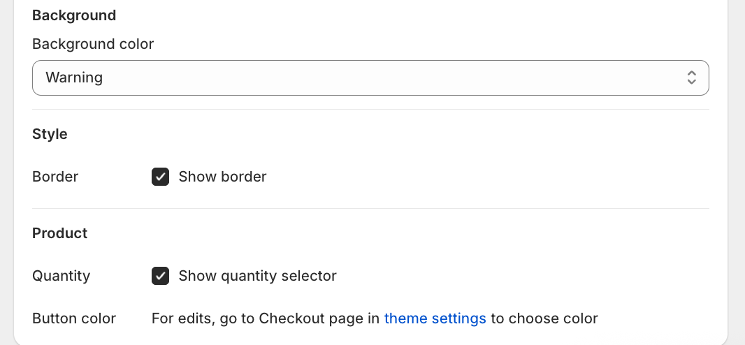 Lower part of the Style tab: countdown Background color set to Warning, plus the Style (Show border) and Product (Show quantity selector) sections