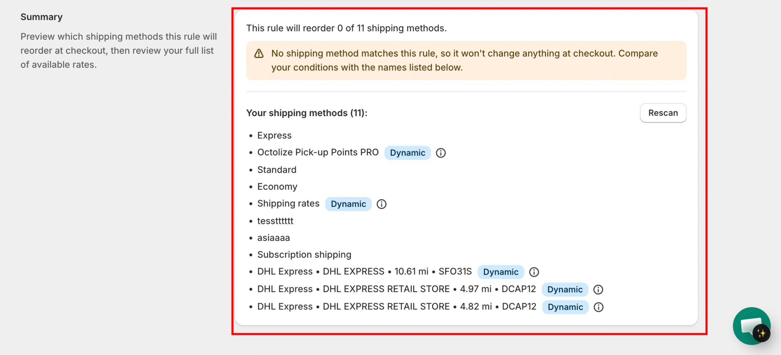 Summary section showing a zero-match warning above the full 'Your shipping methods' list, with several methods carrying the Dynamic badge including carrier-calculated DHL Express rates