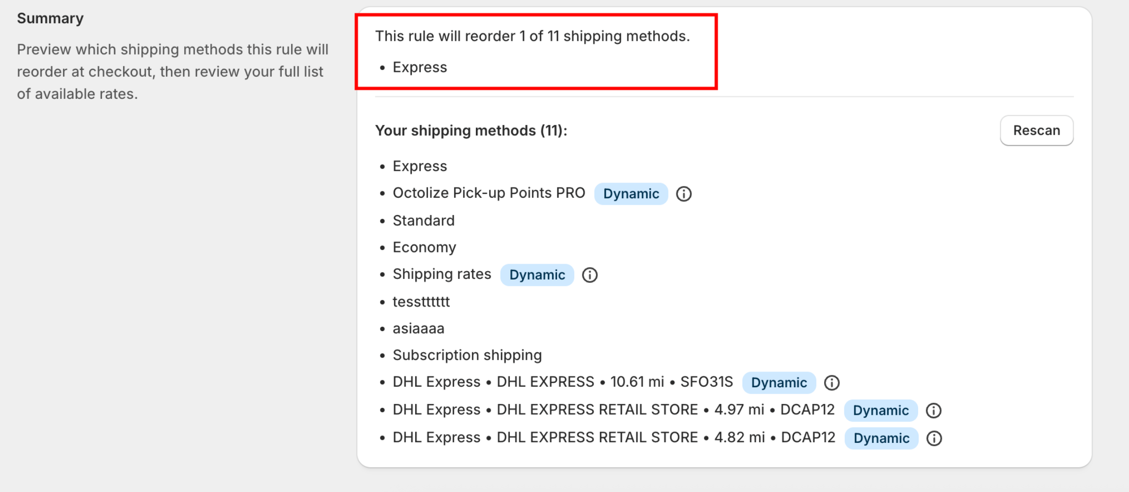 Summary section showing 'This rule will reorder 1 of 11 shipping methods' with the matched method Express listed underneath