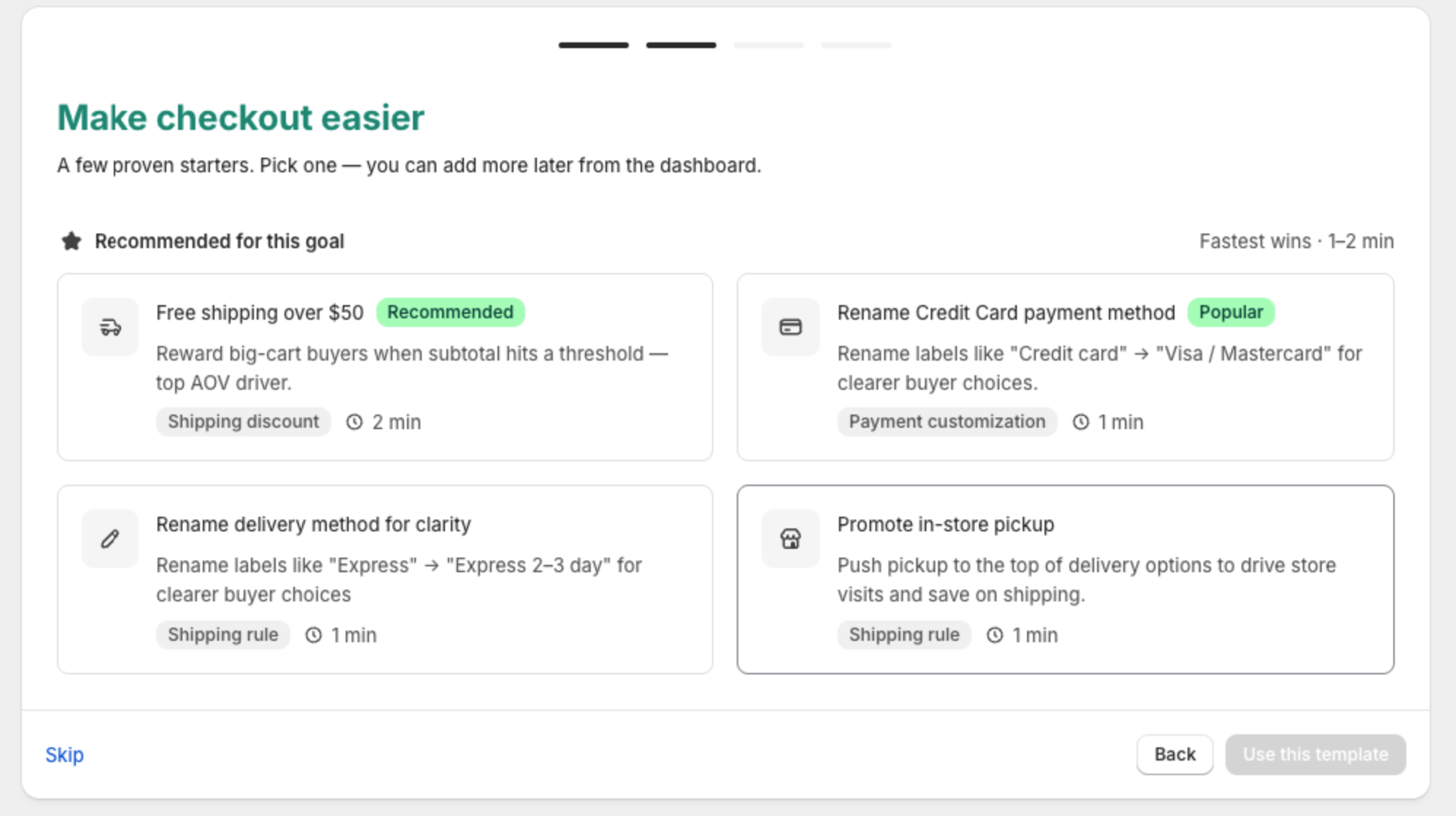 Onboarding Wizard step 2 — select a template