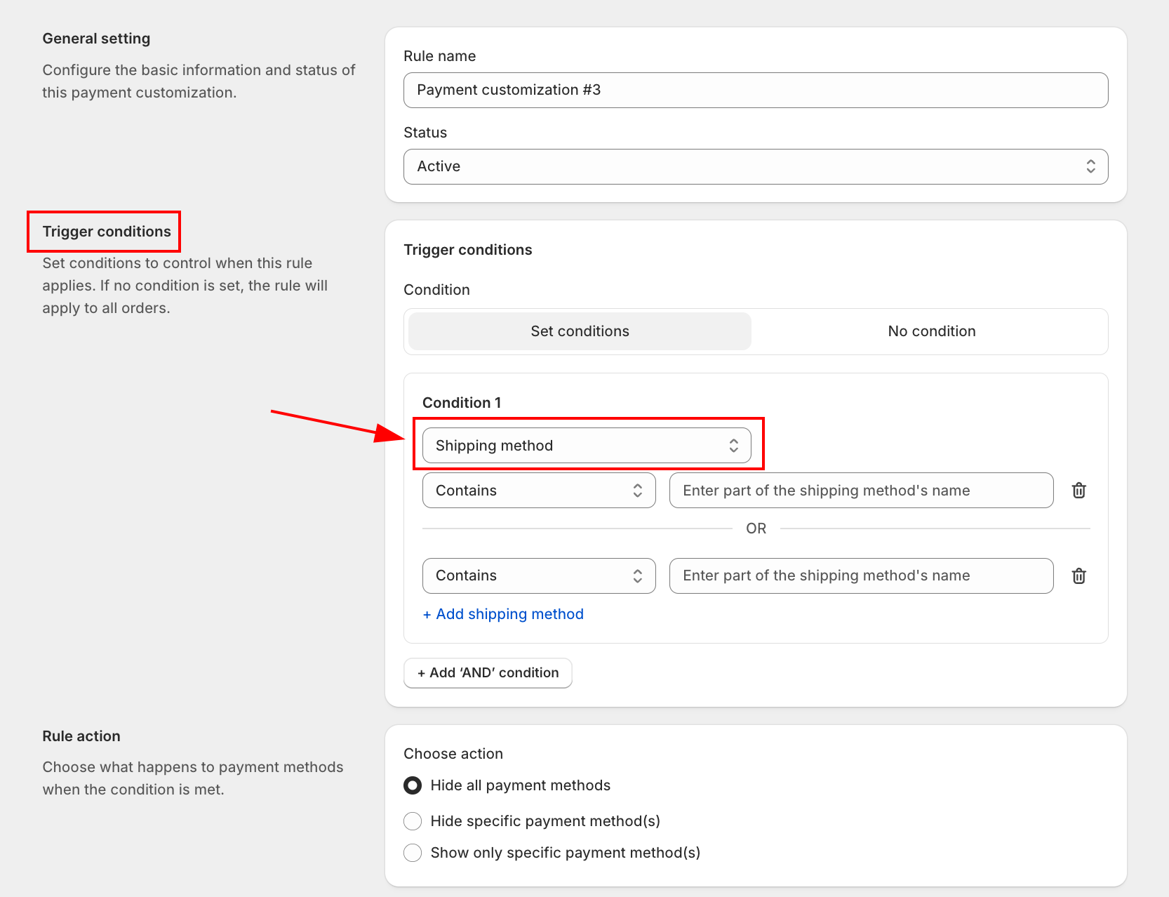 Shipping method condition — operator dropdown and text field