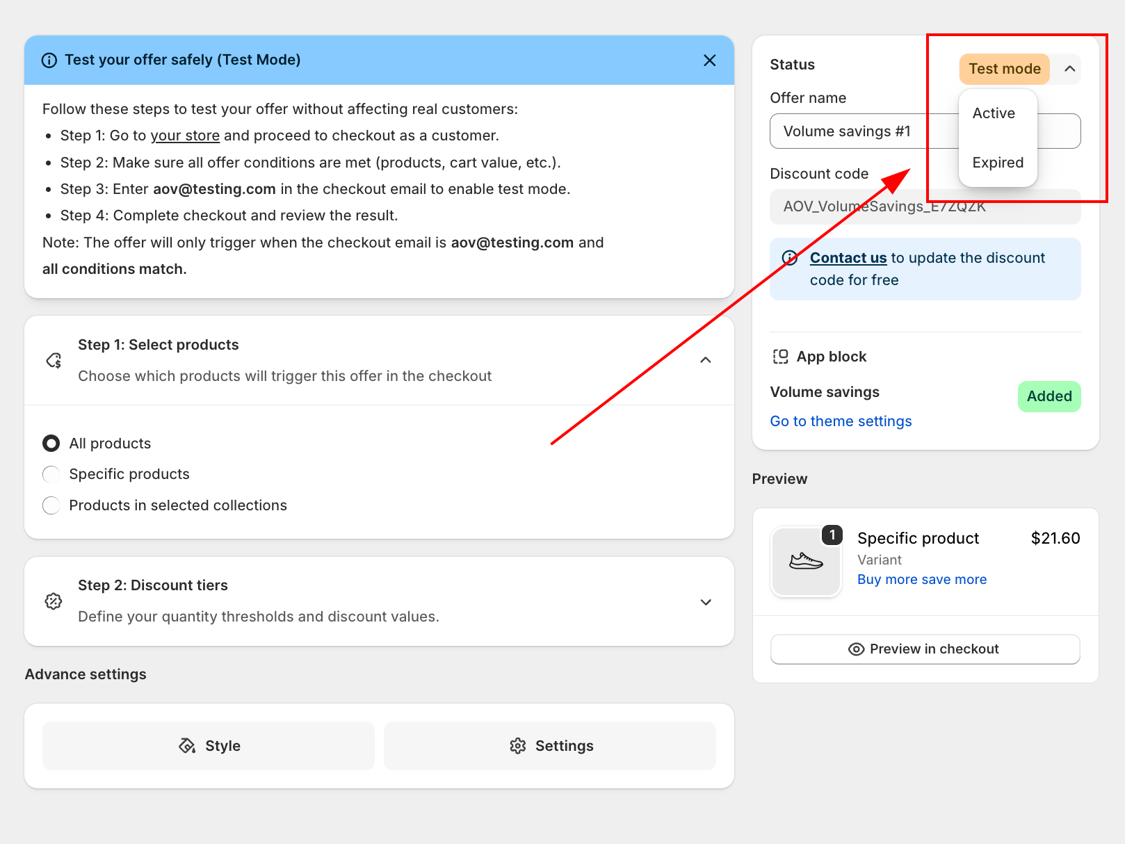 Offer editor with the Status dropdown open, showing Test mode selected alongside the Active and Expired options