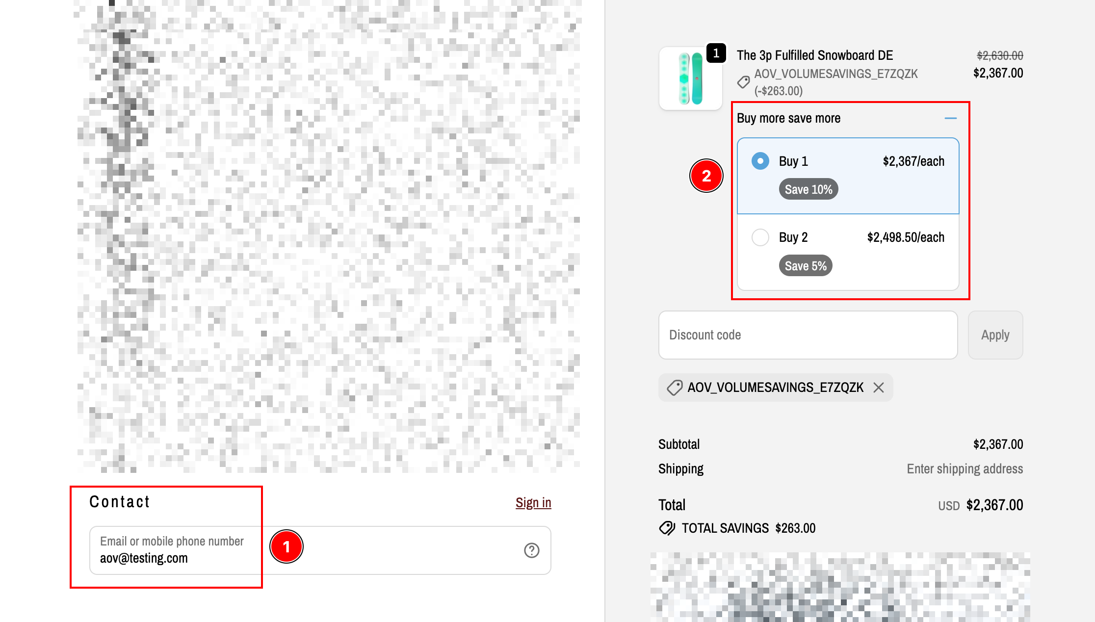 Checkout page in Test mode: the email field shows aov@testing.com and a Volume Savings 'Buy more save more' offer with Buy 1 and Buy 2 tiers plus an applied discount