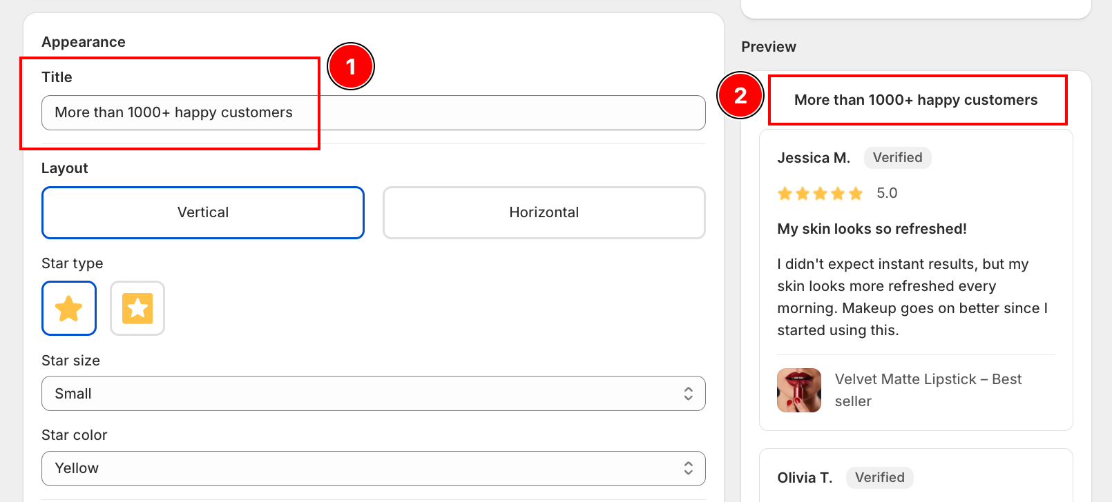 Testimonials Appearance tab with the Title field 'More than 1000+ happy customers' and the matching heading in the live preview