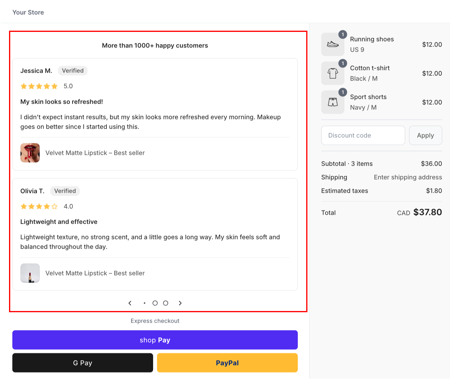 Testimonials widget at checkout showing the title, verified star reviews, product belonging, and pagination