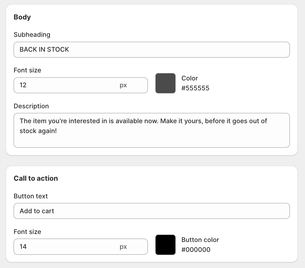 BIS Email tab Body and Call to action settings: Subheading, Description, Button text, and color fields
