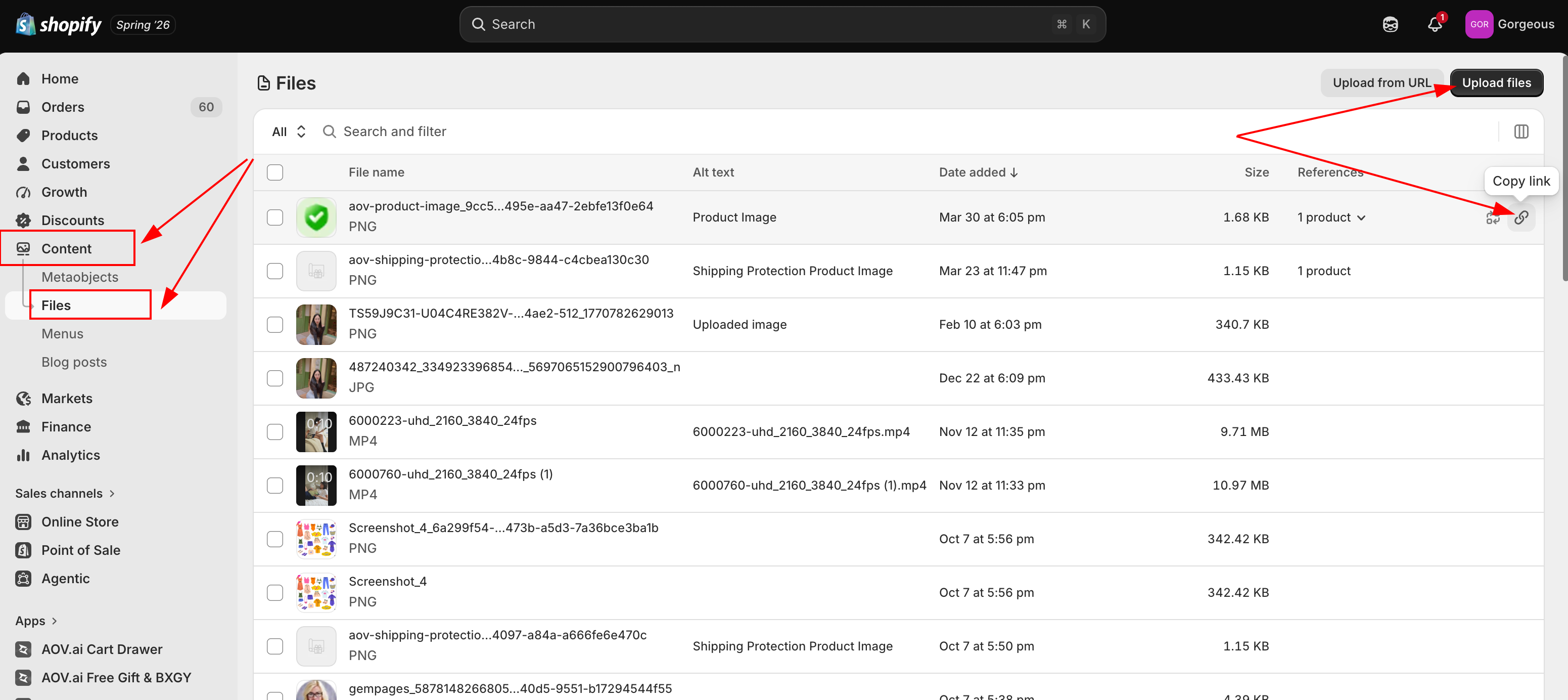 Shopify admin Content Files page with the Upload files and Upload from URL buttons and the Copy link icon used to copy a file URL