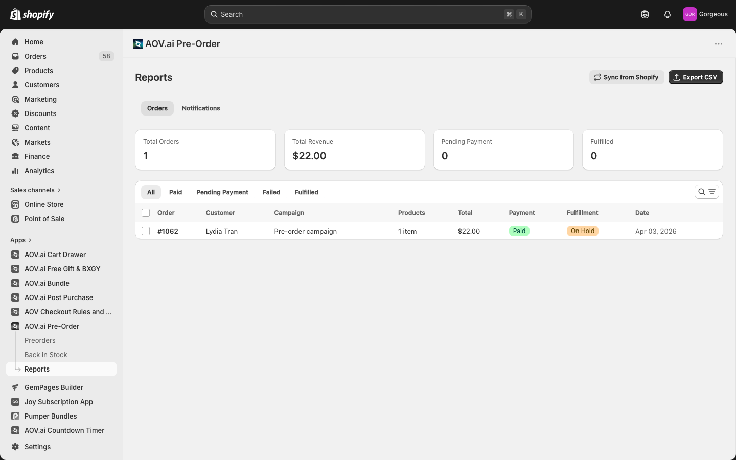 Reports orders list with Sync and Export header actions