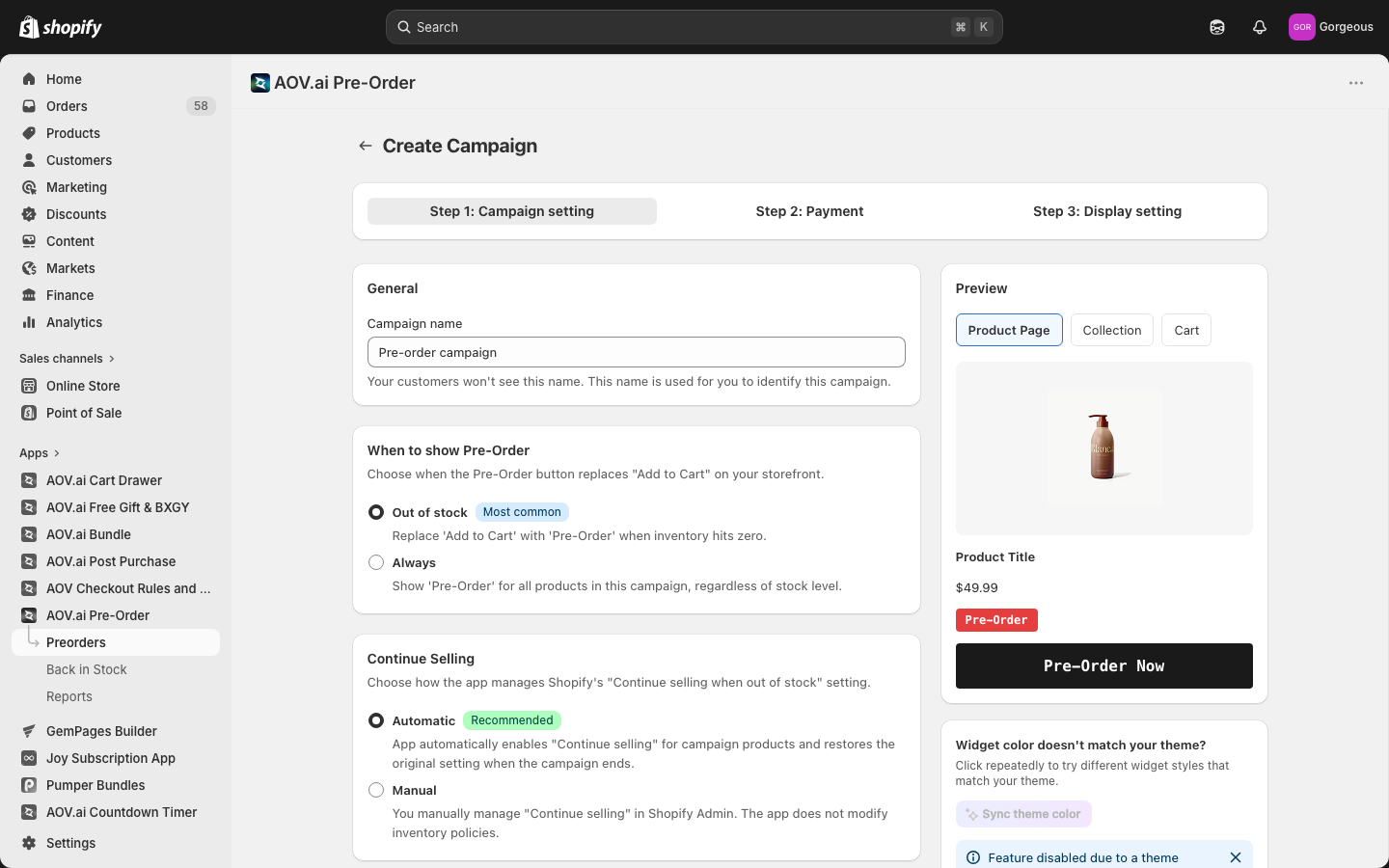 Campaign wizard Step 1 with General, When to show Pre-Order, Continue Selling, and Products cards plus the Preview panel