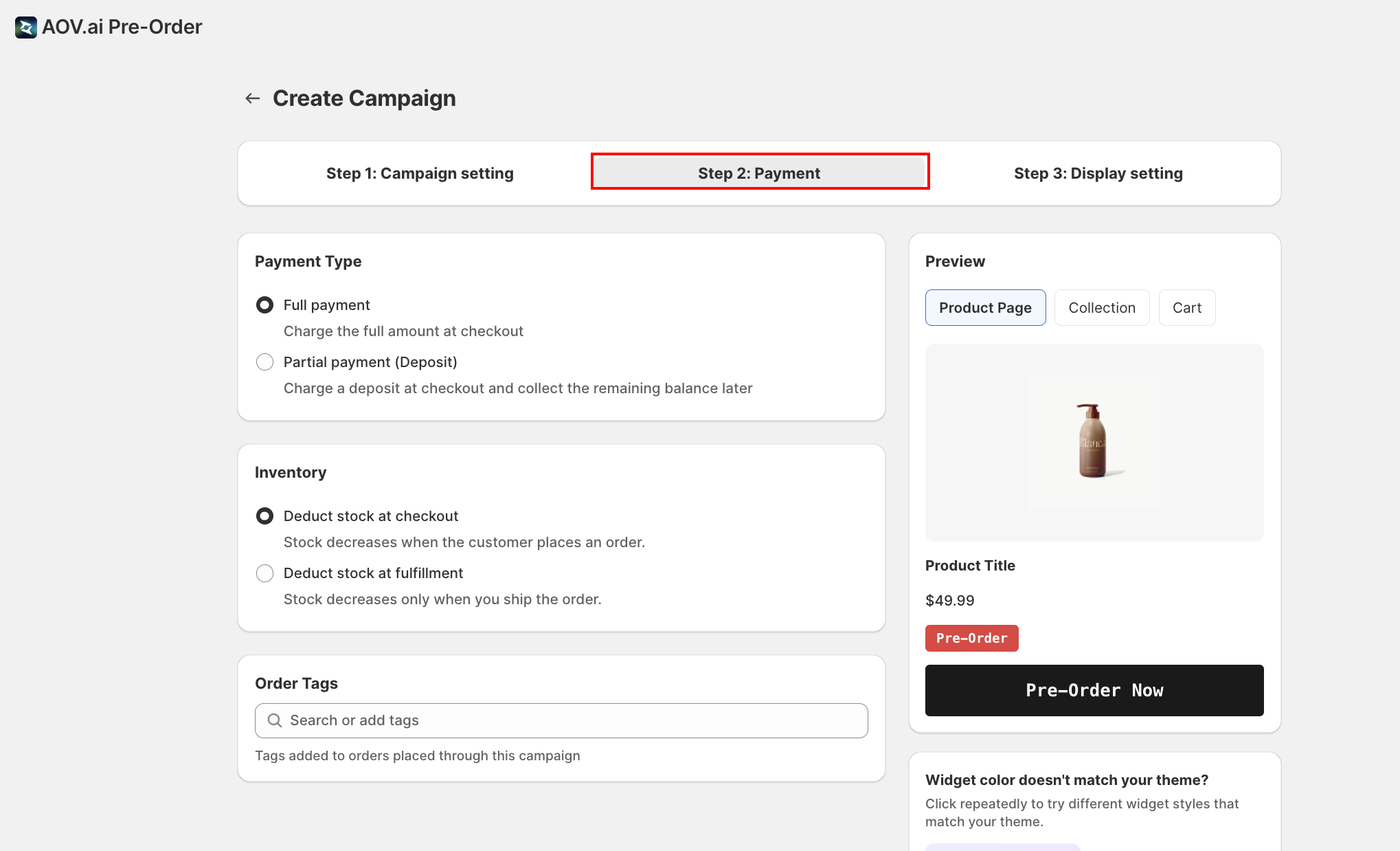 Step 2: Payment Type card with Full payment and Partial payment options