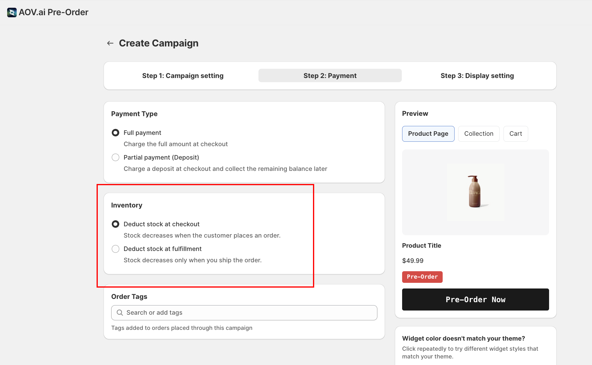Campaign wizard Step 2 Payment with Inventory deduction, deposit and remaining-balance options