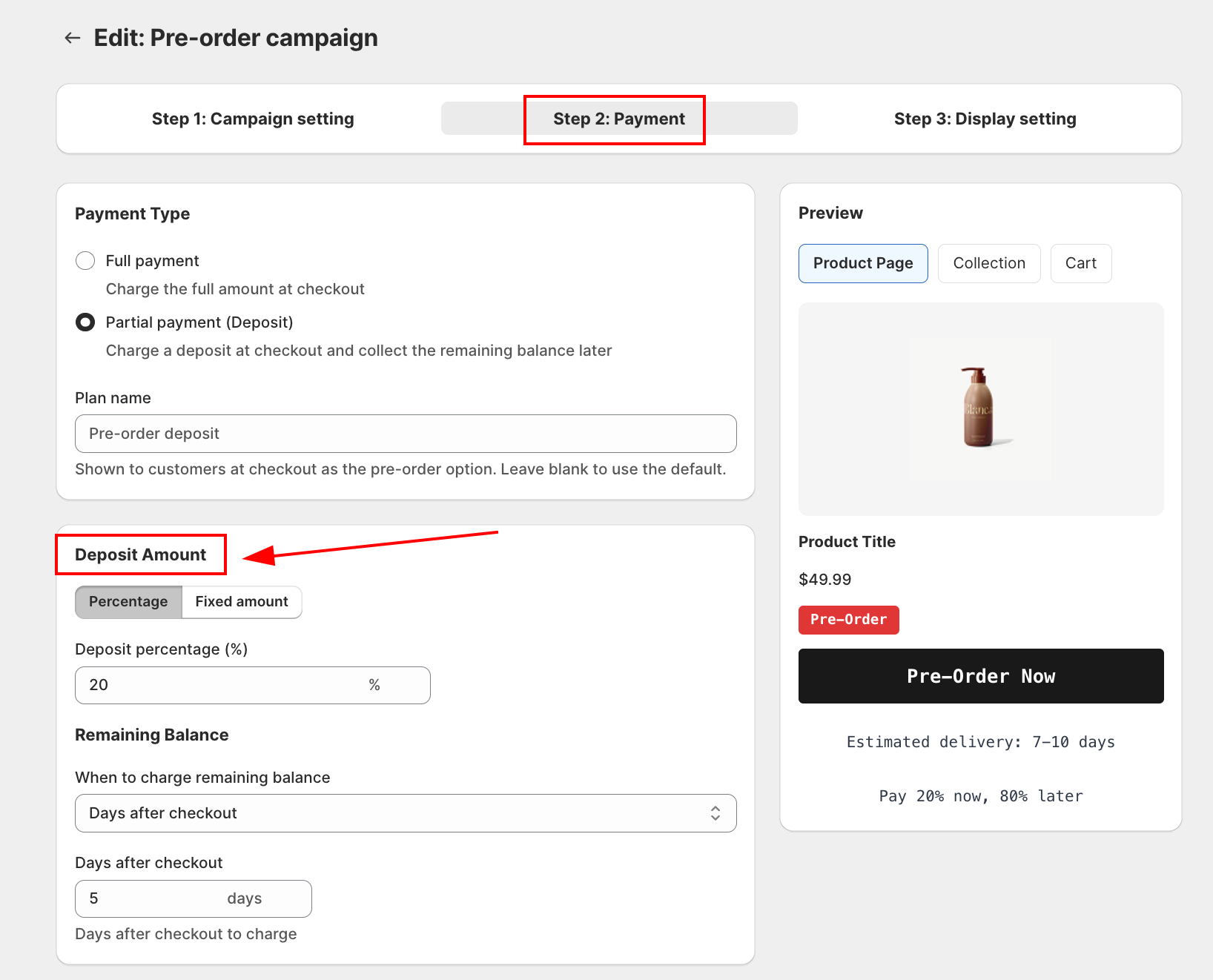 Step 2: Payment — Deposit Amount section with Percentage toggle and Remaining Balance settings