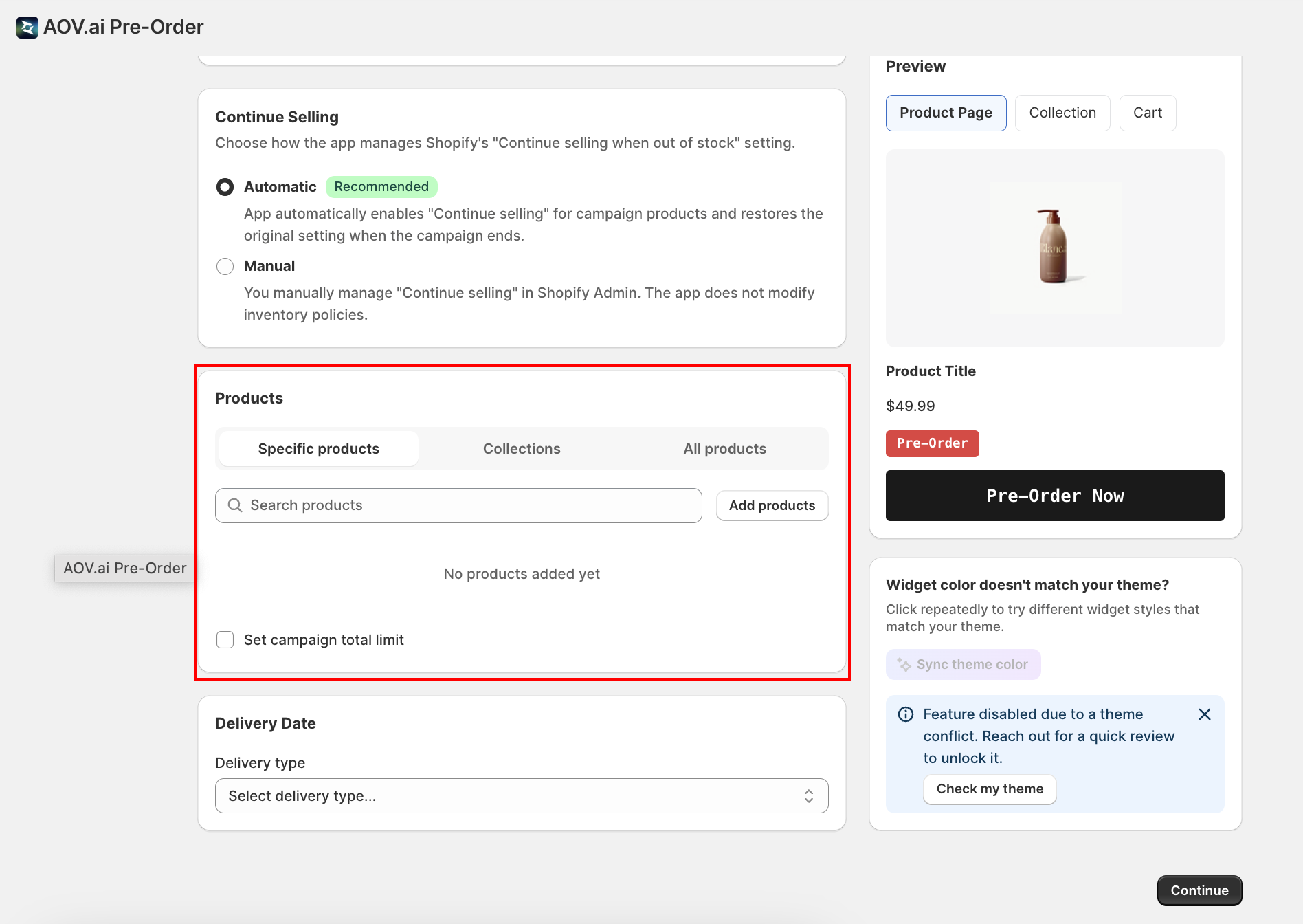 Selection mode tabs (Specific products / Collections / All products) and the product list inside Campaign Settings