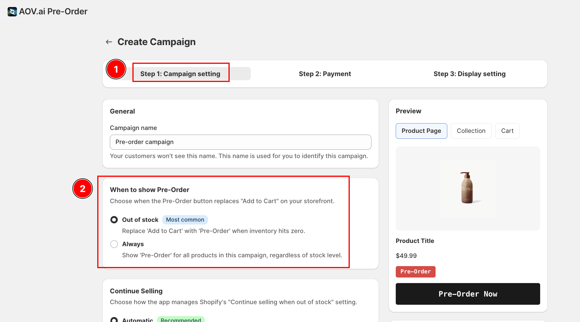 Storefront example showing Add to Cart vs Pre-Order buttons depending on trigger and stock