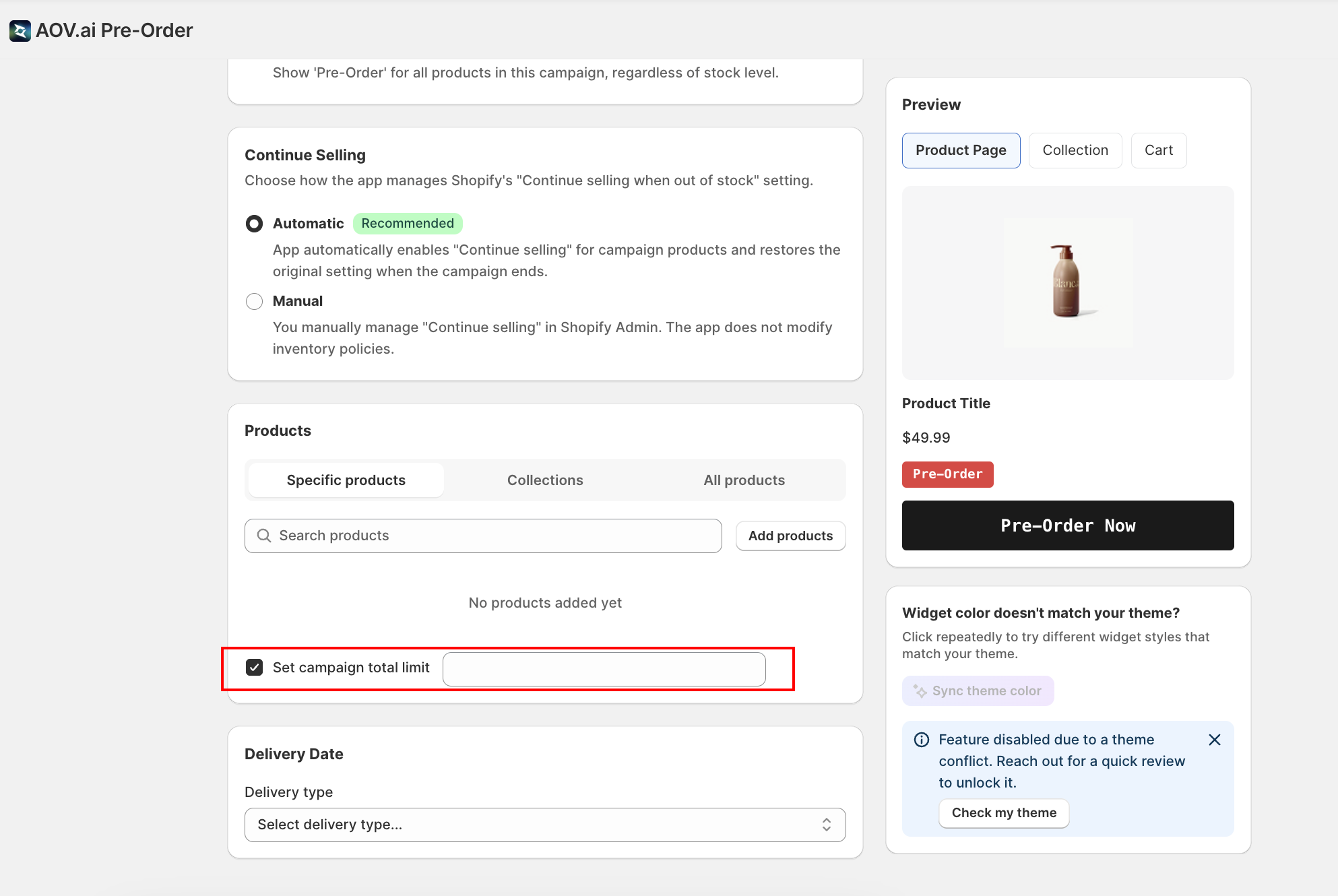 Set campaign total limit checkbox and sold count tracking