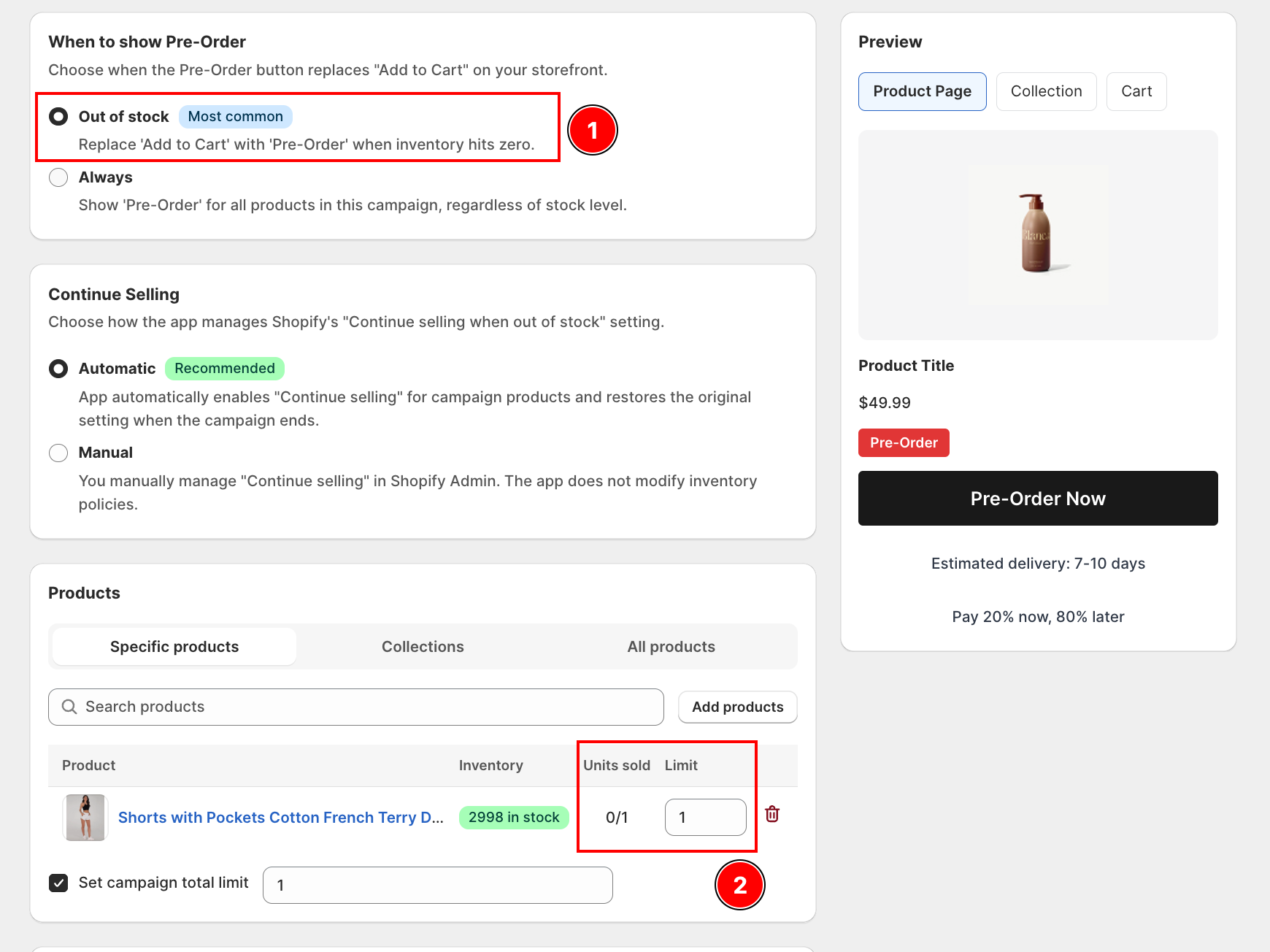 Campaign Settings product table showing the Units sold and Limit columns when the Out of stock trigger is selected