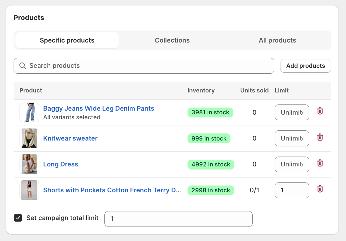 Products card in Specific products mode showing the product table with Product, Inventory, Units sold, and Limit columns
