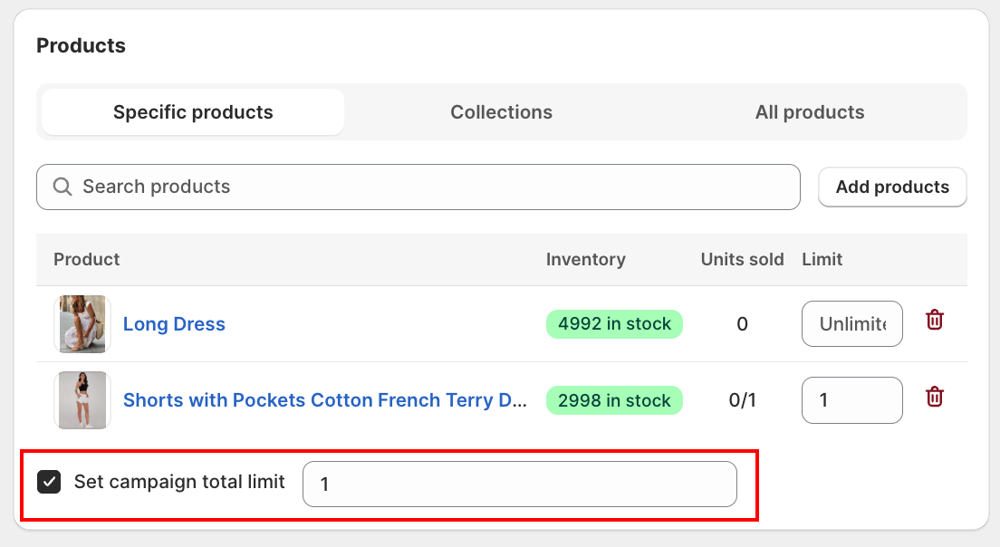 Set campaign total limit checkbox enabled below the product table in Campaign Settings