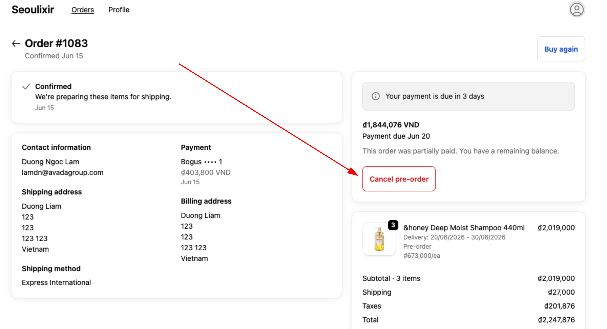 Buyer's order page in the customer account showing the Cancel pre-order button under the payment details