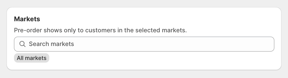 Markets card at the bottom of Campaign Settings, with the market search combobox and the All markets tag