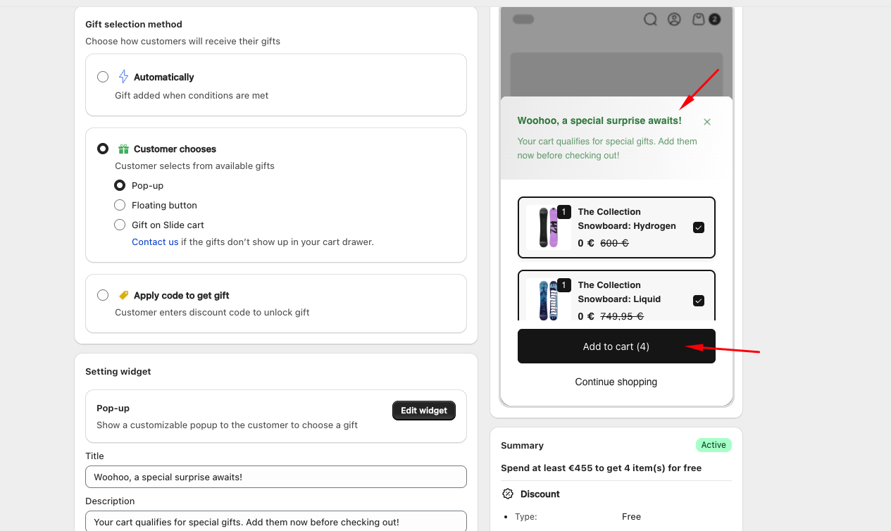 Before: popup widget default text in English (Woohoo, a special surprise awaits! / Add to cart)