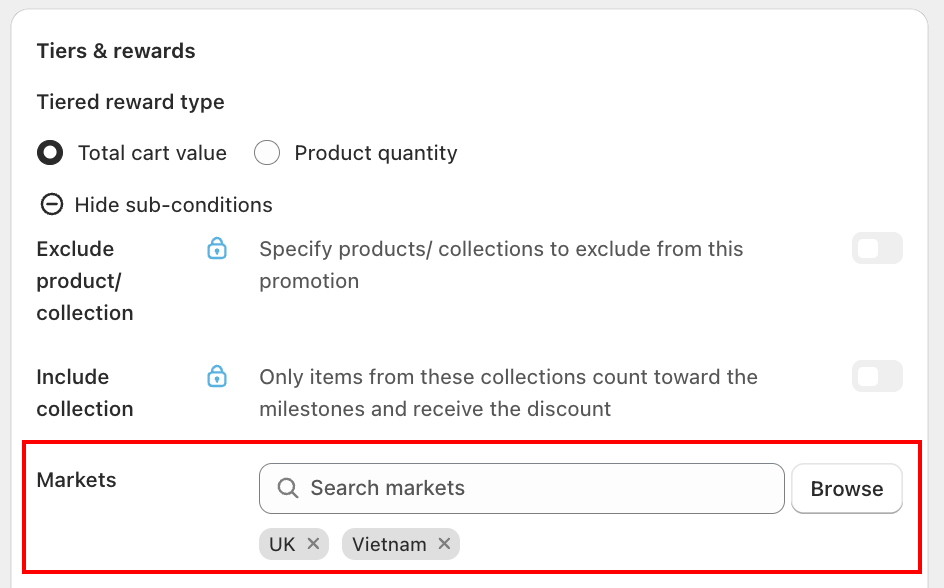 Markets row in the Tiers & rewards sub-conditions, with UK and Vietnam selected as tags