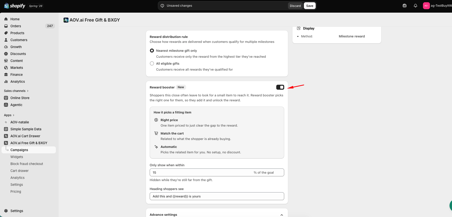 Reward booster card in the campaign editor, with the toggle, Only show when within field, and heading field