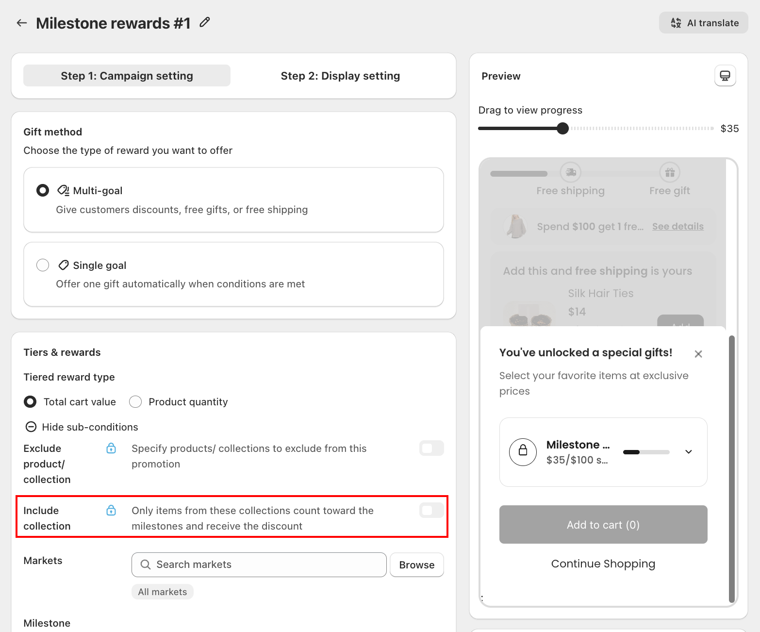 Tiers & rewards section with Show sub-conditions expanded, showing Exclude product/collection and Include collection, both locked behind a paid plan